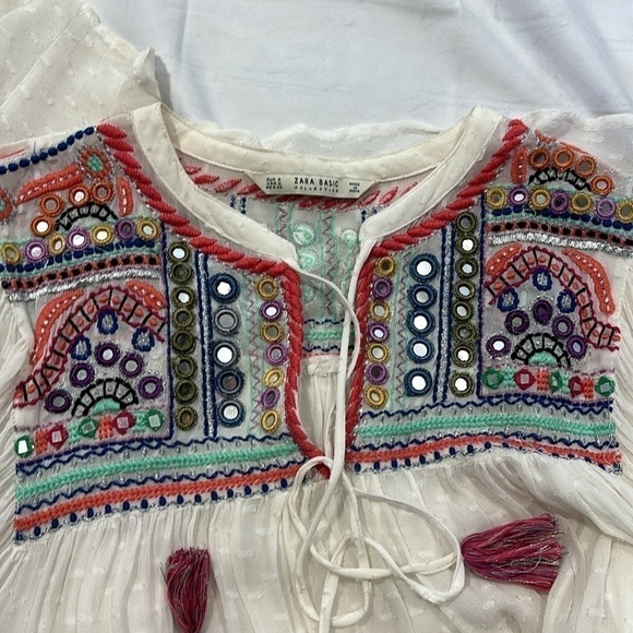 Zara Embroidered and Embellished Boho Sheer Tunic Top Size Small - Picture 3 of 8